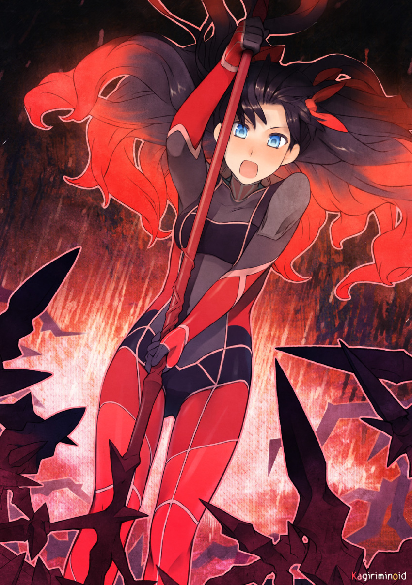 1girl black_bodysuit black_hair blue_eyes blush bodysuit breasts fate/extra fate_(series) gradient_hair hair_ribbon highres holding holding_weapon multicolored multicolored_bodysuit multicolored_clothes multicolored_hair open_mouth polearm red_bodysuit redhead ribbon skin_tight small_breasts solo spear takano_kou tied_hair tohsaka_rin weapon