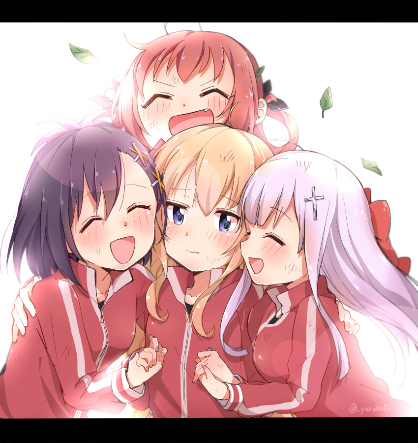 4girls :d ^_^ absurdres ahoge bafarin bangs blonde_hair blue_eyes blunt_bangs blush bow closed_eyes commentary fang frame friends gabriel_dropout girl_sandwich group_hug hair_bow hair_ornament hair_ribbon hair_rings hand_holding hand_on_another's_shoulder happy highres hug jacket kurumizawa_satanichia_mcdowell lavender_hair leaf long_hair multiple_girls open_mouth purple_hair redhead ribbon sandwiched shiraha_raphiel_ainsworth short_hair signature smile sportswear tenma_gabriel_white topknot track_jacket tsukinose_vignette_april twitter_username white_background white_hair x_hair_ornament