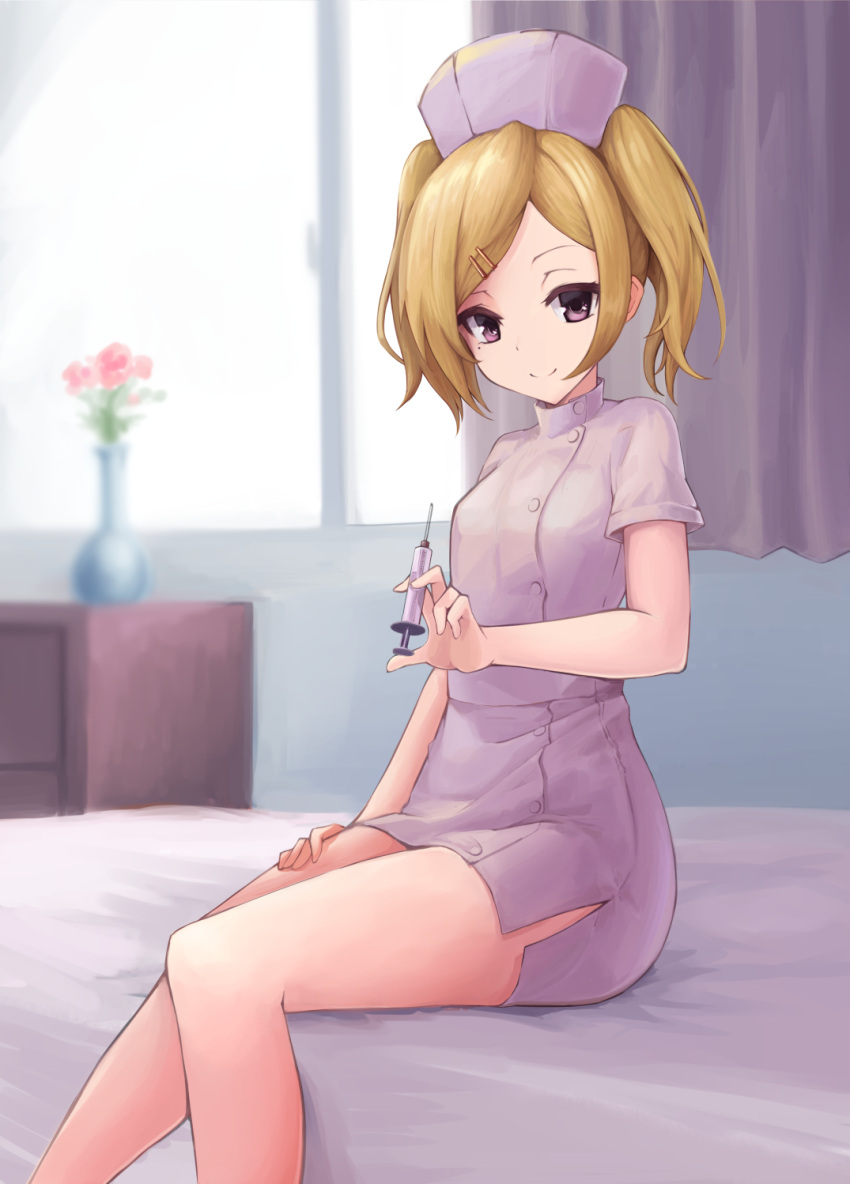 1girl bangs bare_legs bed bed_sheet blonde_hair closed_mouth curtains feet_out_of_frame flower hair_ornament hairclip hat highres holding holding_syringe indoors looking_at_viewer nurse nurse_cap on_bed shelf shinori_(efvbji6264) shirobako short_hair short_sleeves side_slit sitting smile solo swept_bangs syringe twintails vase violet_eyes window yano_erika