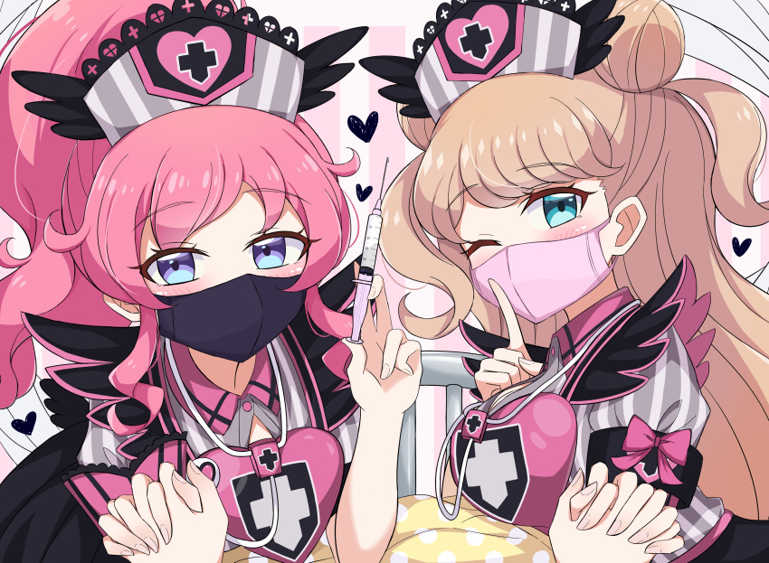 3girls absurdres bed black_mask black_skirt blue_eyes blush bow_shirt breasts cleavage_cutout clothing_cutout covered_mouth cross double_bun eyebrows_visible_through_hair female_pov finger_to_mouth half-closed_eyes hat heart high_ponytail highres holding holding_hands holding_syringe interlocked_fingers kanamori_maria kiratto_pri_chan large_breasts light_brown_hair long_hair mask meiji_(meizi493) momoyama_mirai mouth_mask multicolored_shirt multiple_girls naughty_face nurse nurse_cap one_eye_closed pink_hair pink_mask pov pov_hands pretty_(series) puffy_short_sleeves puffy_sleeves shirt short_sleeves shushing skirt spoken_heart stethoscope striped striped_shirt striped_wall syringe two_side_up violet_eyes yuri
