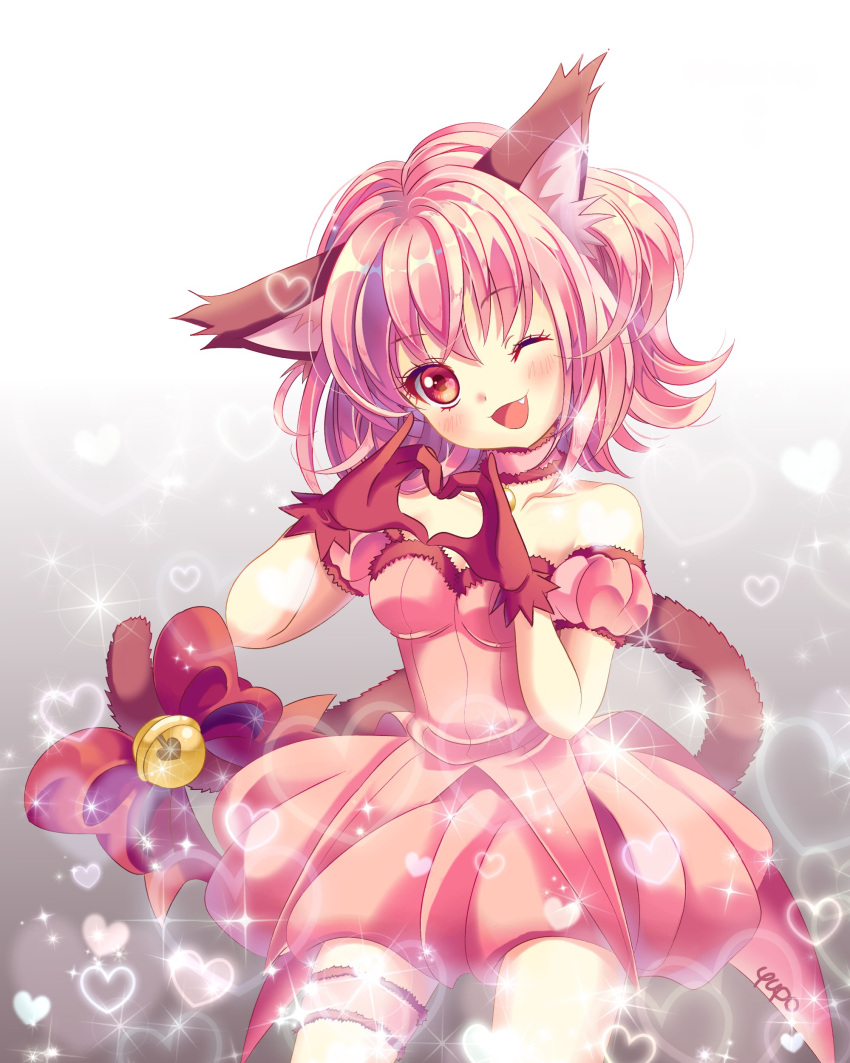 1girl absurdres animal_ears arm_garter bare_shoulders bell blush bow breasts cat_ears cat_tail choker dress fang gloves heart heart_hands highres magical_girl medium_breasts mew_ichigo momomiya_ichigo one_eye_closed open_mouth pink_choker pink_dress pink_eyes pink_hair red_gloves short_hair smile solo tail tail_bow tokyo_mew_mew yupo_(yupo4069)