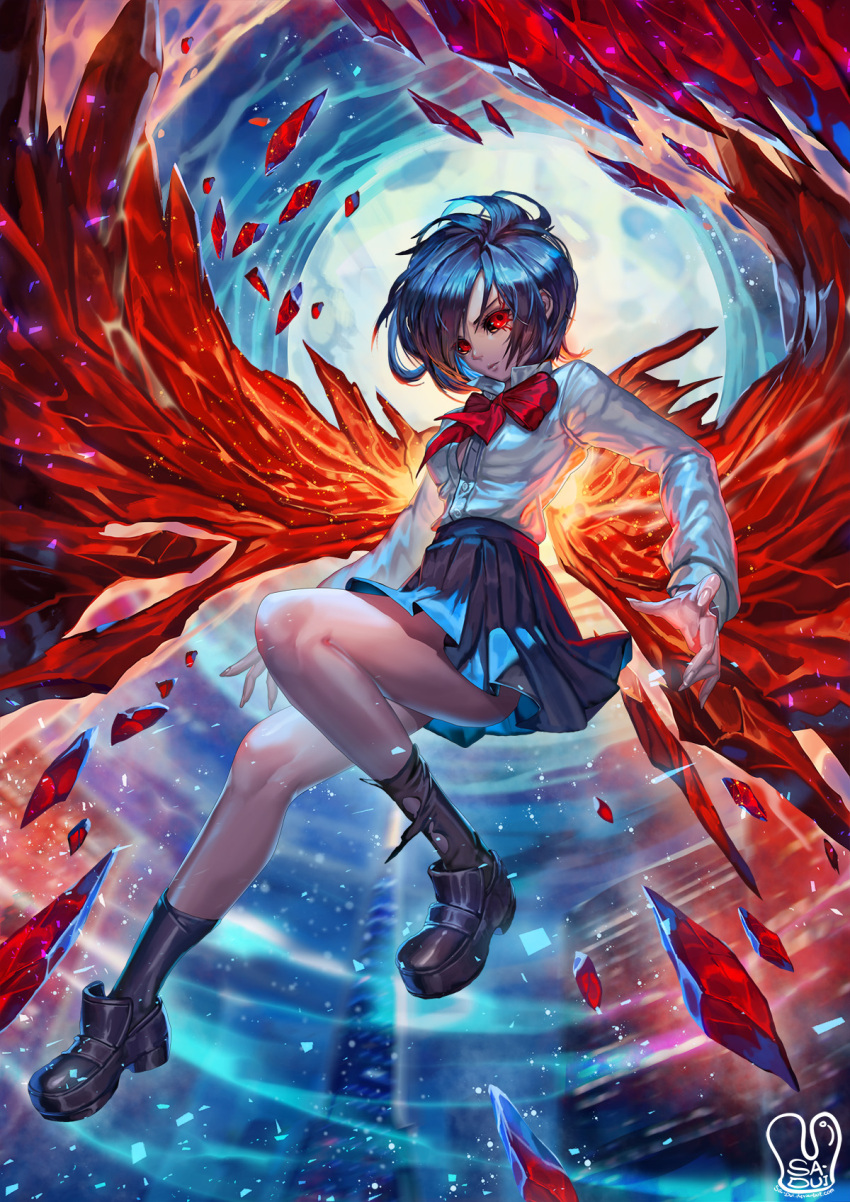 1girl black_legwear black_sclera blue_hair blue_skirt bow bowtie closed_mouth commentary commission english_commentary fingernails flying highres kirishima_touka long_sleeves looking_at_viewer pleated_skirt red_eyes red_neckwear sa-dui shirt shoes signature skirt solo tokyo_ghoul torn_legwear torn_socks white_shirt wings