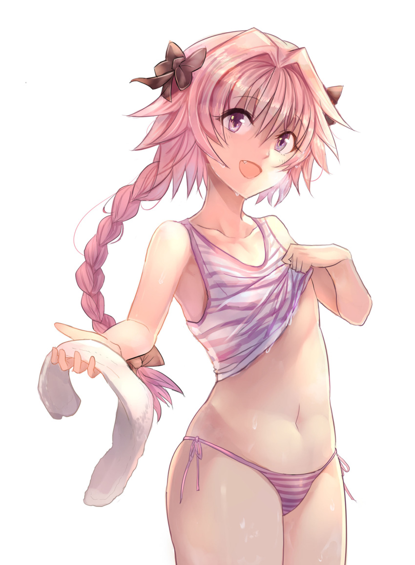 1boy :d absurdres astolfo_(fate) bangs bare_arms bare_shoulders bow brown_bow clothes_lift collarbone cowboy_shot eyebrows_visible_through_hair fang fate_(series) hair_bow head_tilt highres holding holding_towel lifted_by_self long_hair looking_at_viewer male_focus navel open_mouth otoko_no_ko panties pink_hair pink_panties pink_ribbon ribbon shiny shiny_hair shiny_skin side-tie_panties smile solo stomach striped striped_panties sweat tank_top_lift tareme thigh-highs towel underwear very_long_hair violet_eyes yougen_kitsune