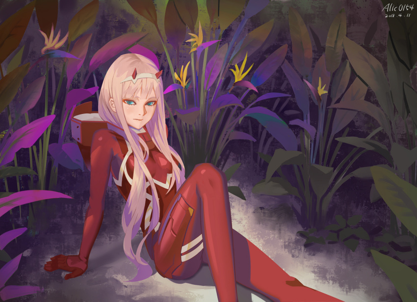 1girl arm_support bangs bodysuit closed_mouth darling_in_the_franxx dated eyeshadow flower green_eyes hairband highres horns knee_up long_hair looking_at_viewer makeup outdoors pink_hair reclining red_bodysuit signature tea_sly zero_two_(darling_in_the_franxx)