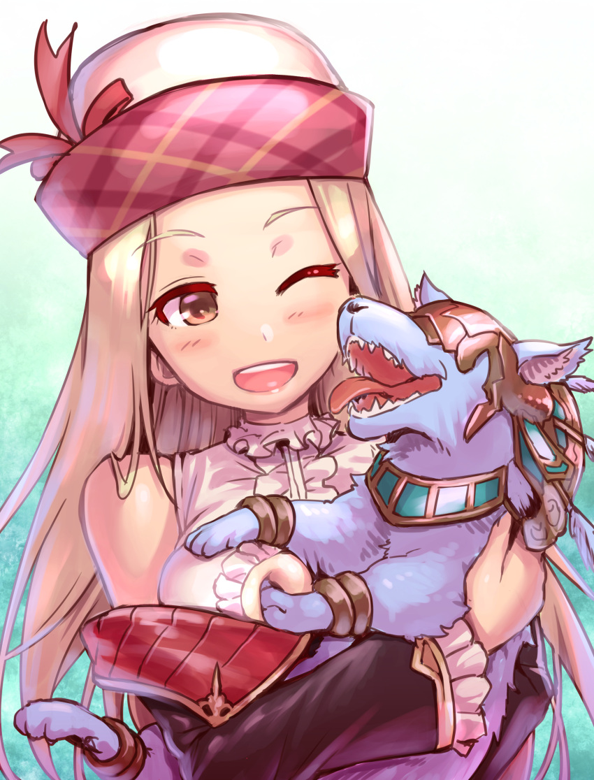 1girl ;d absurdres animal blonde_hair brown_eyes detached_sleeves diola_(granblue_fantasy) eyebrows_visible_through_hair granblue_fantasy hat hat_ribbon highres holding holding_animal long_hair one_eye_closed ono_misao open_mouth red_ribbon ribbon shirt sleeveless smile upper_body white_background white_shirt
