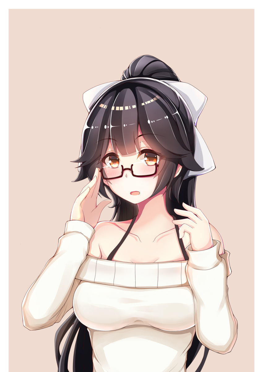 1girl alternate_costume azur_lane bespectacled black-framed_eyewear black_hair bow breasts collarbone commentary_request glasses hair_bow hair_flaps highres kana_(ky4696) long_hair long_sleeves looking_at_viewer off-shoulder_shirt off_shoulder ponytail ribbon shirt solo takao_(azur_lane) upper_body white_bow white_ribbon