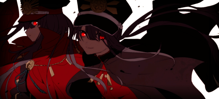 1boy 1girl black_hat black_jacket brother_and_sister brown_hair cape closed_mouth fate/grand_order fate_(series) floating_hair hat hiiragi_fuyuki jacket long_hair looking_at_viewer oda_nobukatsu_(fate/grand_order) oda_nobunaga_(fate) peaked_cap ponytail red_cape red_eyes red_hat red_jacket siblings smile white_background