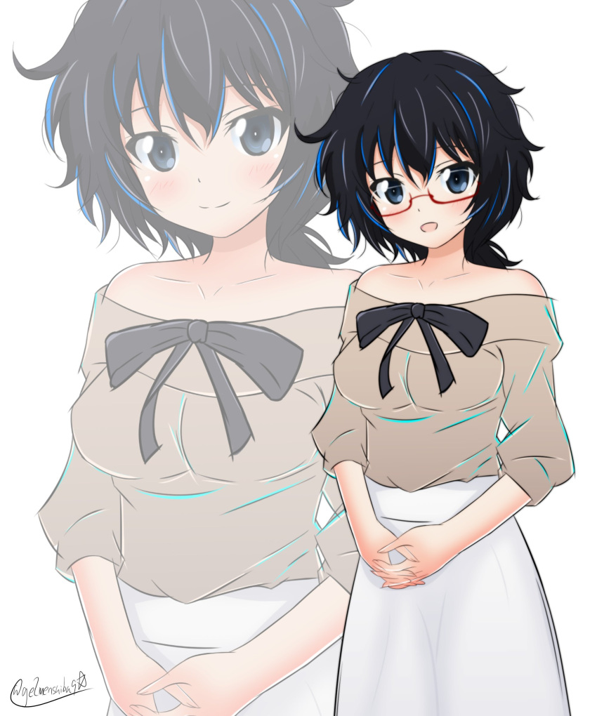 1girl absurdres artist_name bare_shoulders black_eyes black_hair bow_shirt brown_shirt casual closed_mouth collarbone commentary cowboy_shot getsumen_suibaku_ver._a(c) girls_und_panzer glasses hands_together highres interlocked_fingers long_skirt long_sleeves looking_at_viewer messy_hair no_eyewear off-shoulder_shirt open_mouth oryou_(girls_und_panzer) red-framed_eyewear semi-rimless_eyewear shirt short_hair short_ponytail signature simple_background skirt smile solo standing under-rim_eyewear white_background white_skirt zoom_layer
