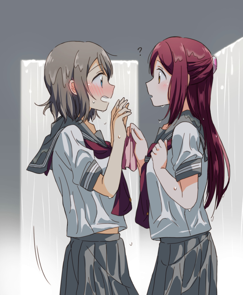 2girls ? blue_eyes blush clenched_hand grey_hair hair_ornament hairclip half_updo handkerchief hands_up highres long_hair looking_at_another love_live! love_live!_sunshine!! multiple_girls necktie open_mouth pleated_skirt red_neckwear redhead sakurauchi_riko school_uniform serafuku short_hair short_sleeves skirt tie_clip uranohoshi_school_uniform watanabe_you wet wet_clothes yellow_eyes yuchi_(salmon-1000) yuri