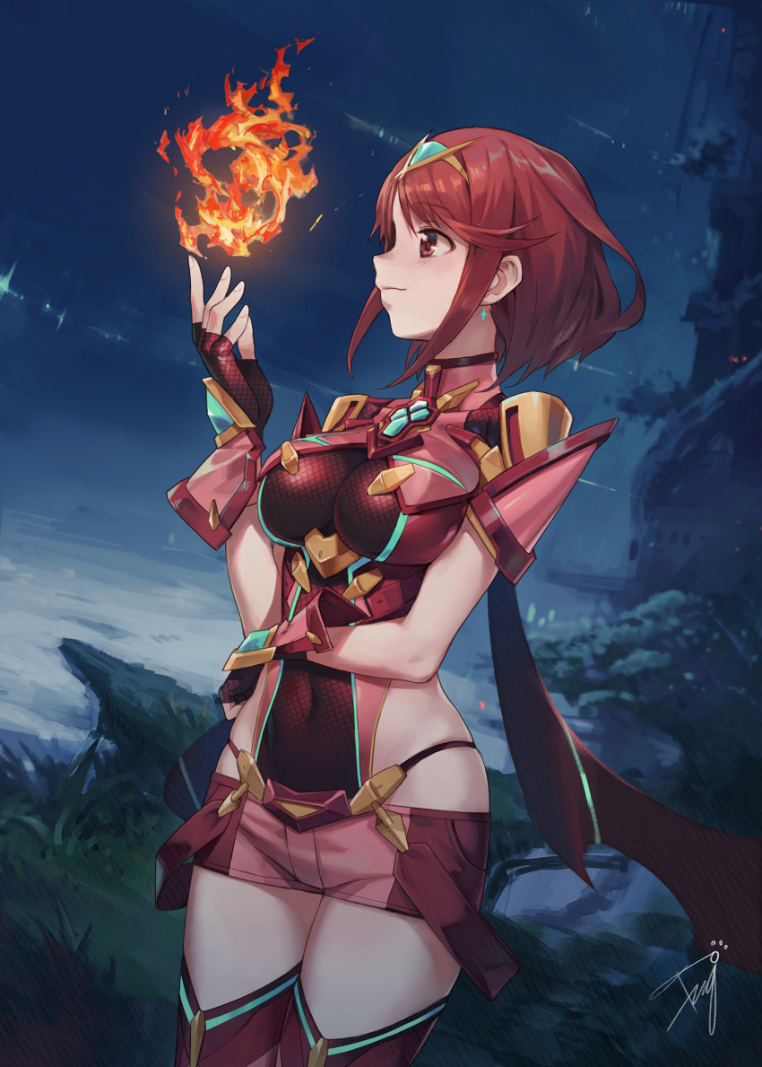 1girl breasts closed_mouth covered_navel cowboy_shot earrings eyebrows_visible_through_hair fingerless_gloves fire flame gem gloves hand_up headpiece highres pyra_(xenoblade) impossible_clothes impossible_leotard jewelry leotard medium_breasts night night_sky outdoors profile pyrokinesis red_eyes red_gloves red_legwear red_leotard red_shorts redhead revision shiny shiny_hair short_hair short_shorts shorts shoulder_armor shoulder_pads sidelocks skin_tight skindentation sky smile solo standing tareme thigh-highs tugo wrist_guards xenoblade_(series) xenoblade_2