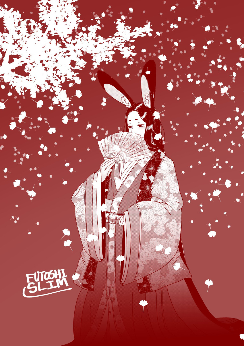 1girl animal_ears belt blush cherry_blossoms commentary_request covering_mouth fan folding_fan futoshi_slim highres holding holding_fan japanese_clothes kimono long_hair long_sleeves monochrome original rabbit_ears red short_eyebrows signature solo standing tree wide_sleeves