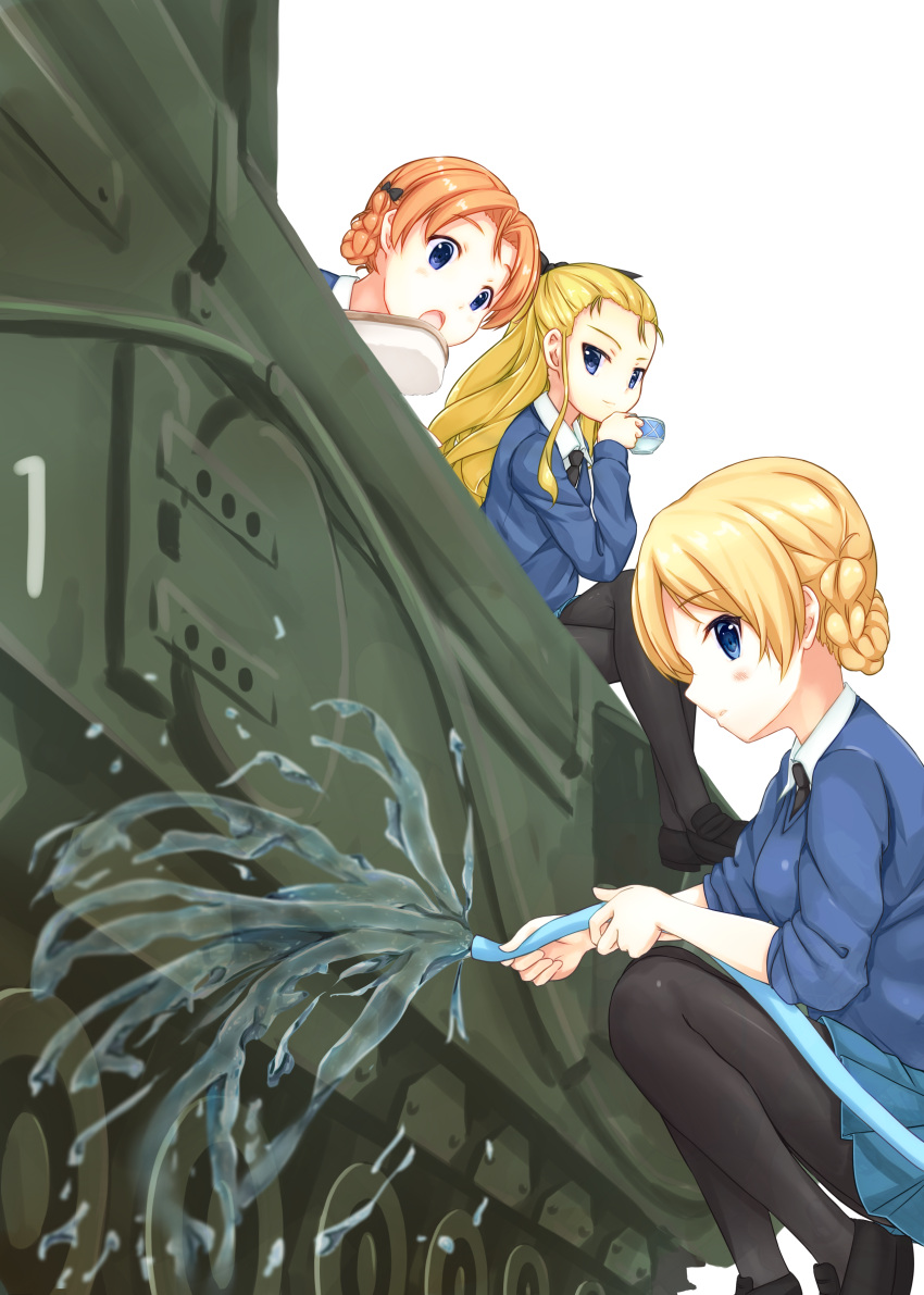 3girls absurdres akazateri assam churchill_(tank) cup darjeeling girls_und_panzer ground_vehicle highres military military_vehicle motor_vehicle multiple_girls orange_pekoe tank teacup water white_background