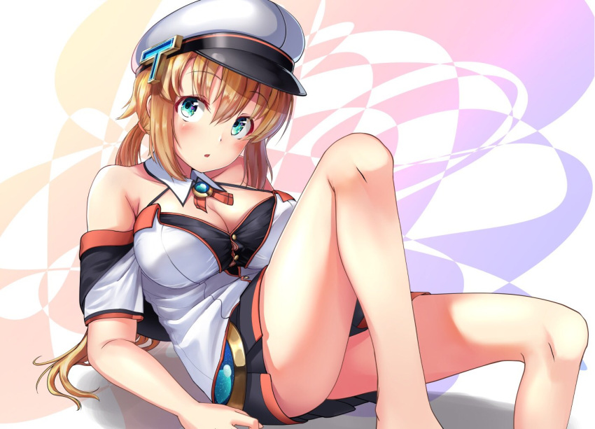 1girl aqua_eyes bare_shoulders blush breasts brown_hair cleavage copyright_request detached_sleeves hat large_breasts long_hair open_mouth sitting soba_chatarou_(tita) solo