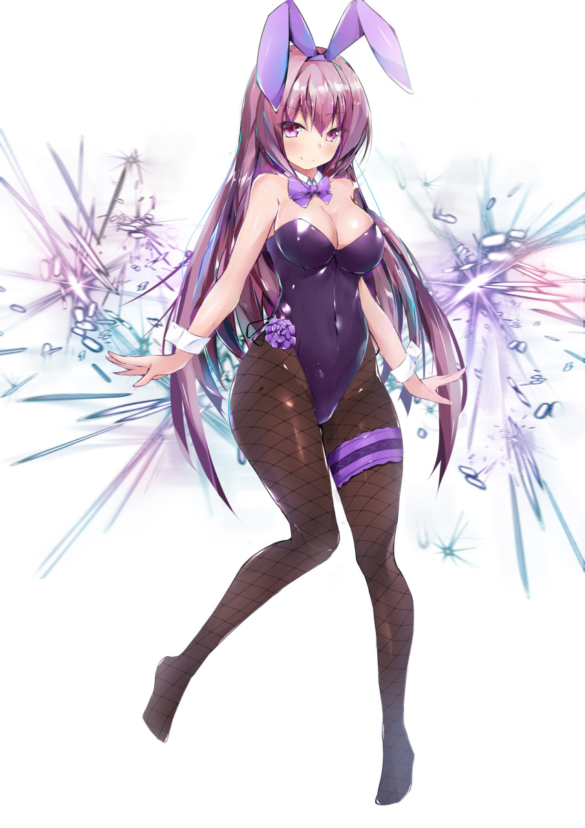 1girl animal_ears bare_shoulders black_legwear bow bowtie breasts bunny_girl bunny_tail bunnysuit cleavage commentary_request covered_navel detached_collar fake_animal_ears fate_(series) fishnet_pantyhose fishnets full_body highres large_breasts leotard long_hair pantyhose purple_hair purple_leotard purple_neckwear rabbit_ears red_eyes scathach_(fate/grand_order) strapless strapless_leotard tail twiska_(doubitian)