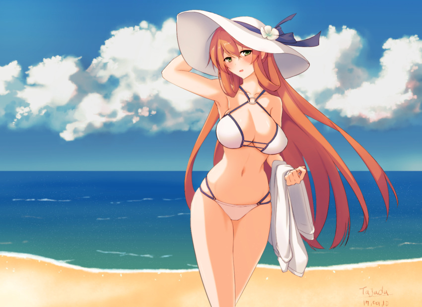 1girl alternate_costume armpits bangs bare_arms bare_shoulders beach bikini blue_sky blush breasts brown_hair character_name cleavage closed_mouth clouds commentary_request cowboy_shot dated eyebrows_visible_through_hair girls_frontline green_eyes groin hair_between_eyes hair_ribbon hair_rings hand_on_headwear hands_on_own_breasts hat head_tilt highres holding_shirt large_breasts legs_crossed long_hair looking_at_viewer m1903_springfield_(girls_frontline) navel o-ring_top ocean open_mouth outdoors ribbon ribs sand shirt_removed sidelocks signature skindentation sky smile solo stomach summer sun_hat swimsuit tajada thighs watson_cross wind