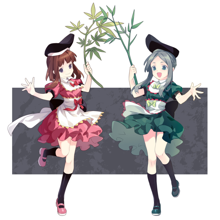 2girls apron bamboo black_legwear blue_eyes bow bowtie brown_hair dress frilled_skirt frills green_dress green_footwear grey_background grey_hair hand_up hat high_collar highres holding_plant kneehighs long_hair looking_at_viewer mary_janes multiple_girls myouga_(plant) nishida_satono open_hand open_mouth pink_dress pink_footwear puffy_short_sleeves puffy_sleeves red_bow shayuheisi shoes short_sleeves sidelocks skirt smile standing standing_on_one_leg tate_eboshi teireida_mai touhou two-tone_background waist_apron white_background yellow_bow