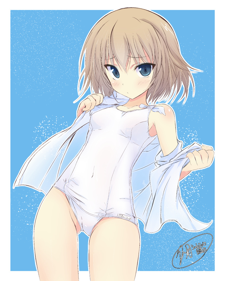 1girl artist_name bangs blonde_hair blue_background blue_eyes breasts character_name closed_mouth commentary covered_navel cowboy_shot eyebrows_visible_through_hair frown getsumen_suibaku_ver._a(c) girls_und_panzer gluteal_fold highres katyusha leaning_to_the_side light_particles looking_at_viewer name_tag no_pants one-piece_swimsuit outside_border school_swimsuit shirt short_hair signature small_breasts solo standing swimsuit undressing white_school_swimsuit white_shirt white_swimsuit