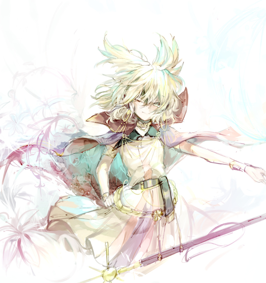 1girl absurdres belt blonde_hair cape earmuffs flower highres huang_li_ling looking_at_viewer one_eye_closed short_hair sleeveless solo sword touhou toyosatomimi_no_miko weapon yellow_eyes