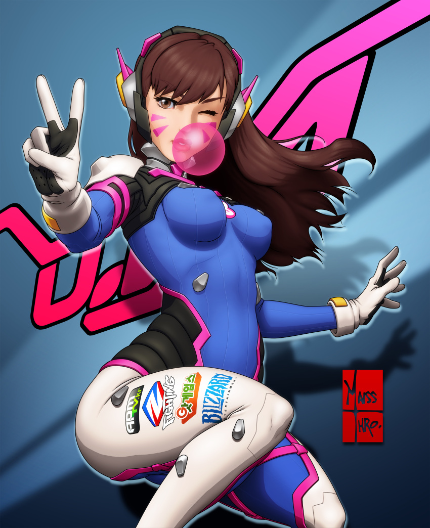 1girl absurdres animal_print bangs blizzard blue_background blue_bodysuit bodysuit breasts brown_eyes brown_hair bubble_blowing bunny_print character_name chewing_gum clothes_writing cowboy_shot d.va_(overwatch) eduardo_j._perez_m. emblem erect_nipples eyebrows_visible_through_hair facepaint facial_mark gloves gradient gradient_background headphones high_collar highres lips long_hair looking_at_viewer medium_breasts one_eye_closed overwatch parted_lips pilot_suit ribbed_bodysuit shadow shoulder_pads signature skin_tight smile solo swept_bangs v whisker_markings white_gloves