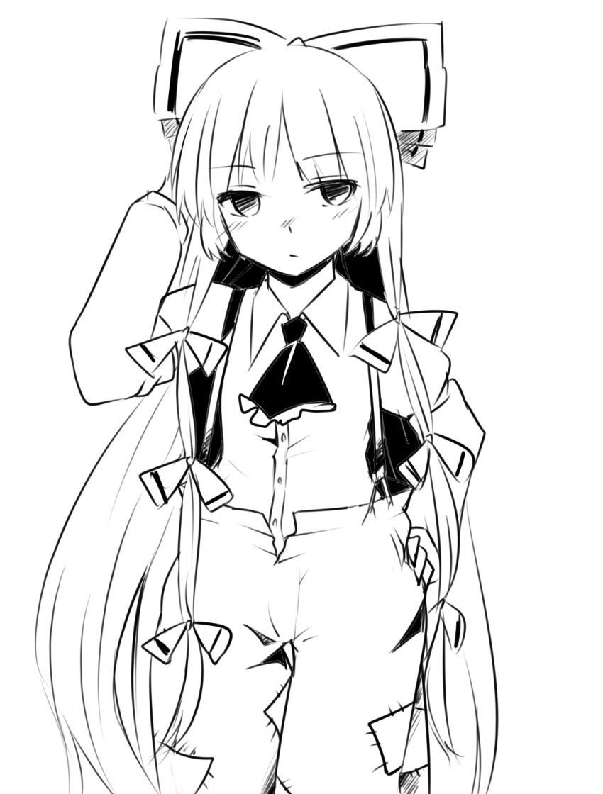 1girl arm_up ascot bangs blush bow buttons closed_mouth collared_shirt eyebrows_visible_through_hair fujiwara_no_mokou greyscale hair_bow hand_on_hip highres long_hair long_sleeves miyo_(ranthath) monochrome nose_blush pants shirt sidelocks simple_background solo suspenders touhou very_long_hair white_background white_shirt