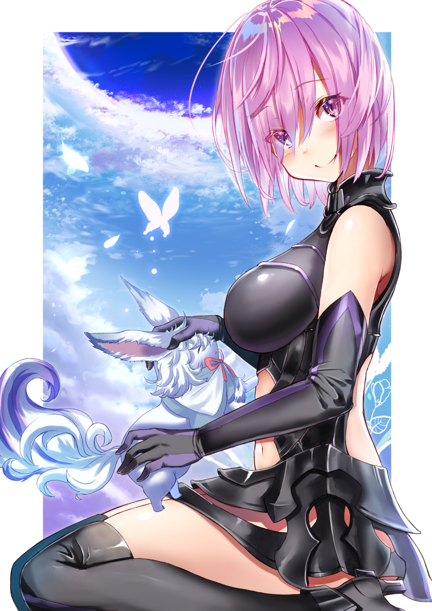 1girl absurdres ankle_boots antenna_hair armored_leotard bare_shoulders black_footwear black_legwear black_panties blue_sky blush boots breasts butterfly closed_eyes clouds creature day elbow_gloves eyebrows_visible_through_hair fate/grand_order fate_(series) felnemo3 fou_(fate/grand_order) from_side gloves glowing_butterfly hair_over_one_eye high_heel_boots high_heels highres insect large_breasts looking_at_viewer looking_to_the_side mash_kyrielight navel navel_cutout outside_border panties petting pink_hair shiny shiny_hair short_hair sitting sky thigh-highs thighs underwear violet_eyes white_capelet white_fur