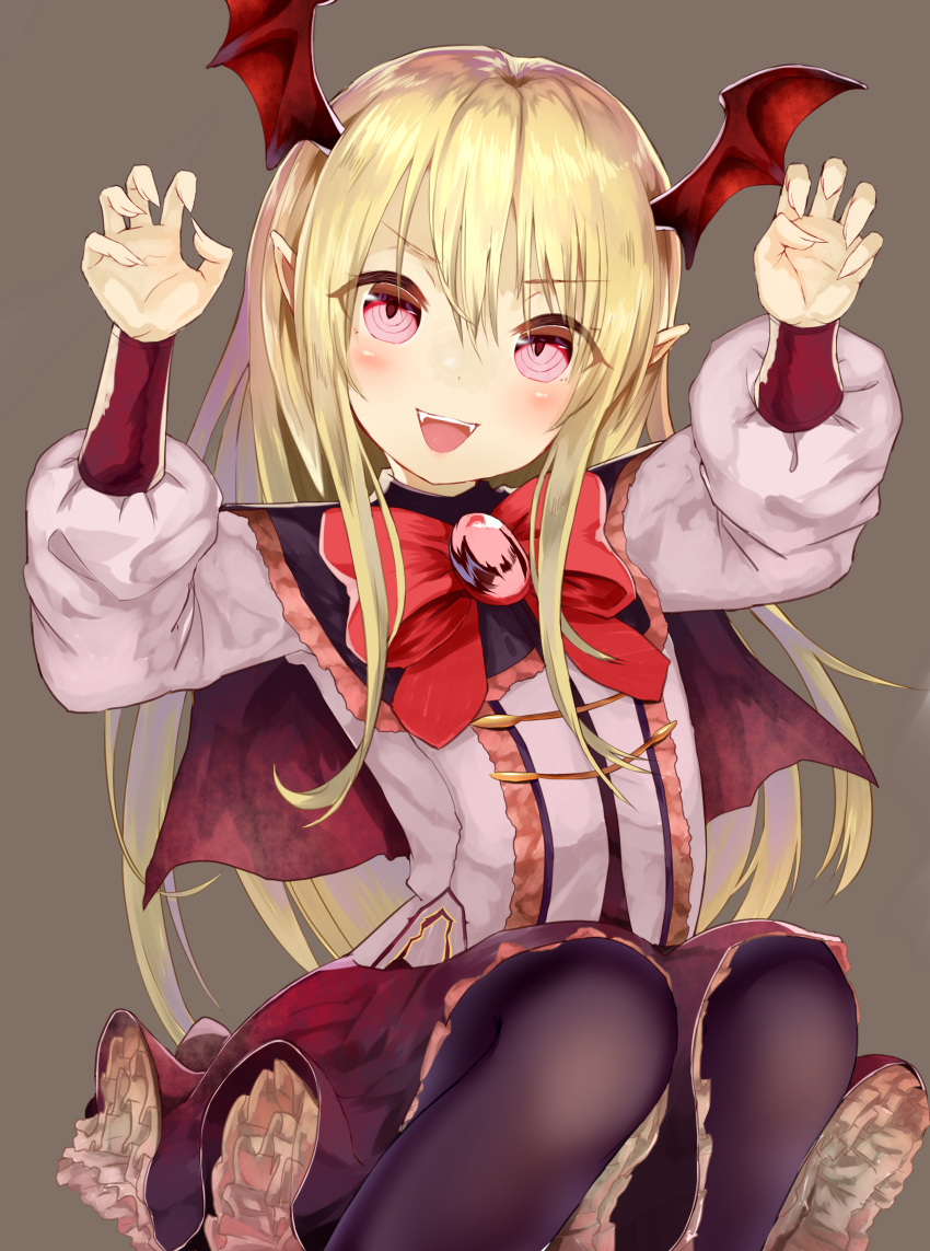 1girl :d absurdres black_legwear blonde_hair bow bowtie brown_background capelet eyebrows_visible_through_hair fangs floating_hair granblue_fantasy hair_between_eyes highres horns layered_skirt long_hair looking_at_viewer miniskirt open_mouth pantyhose red_bow red_eyes simple_background sitting skirt smile solo vampy very_long_hair yamato_(muchuu_paradigm)