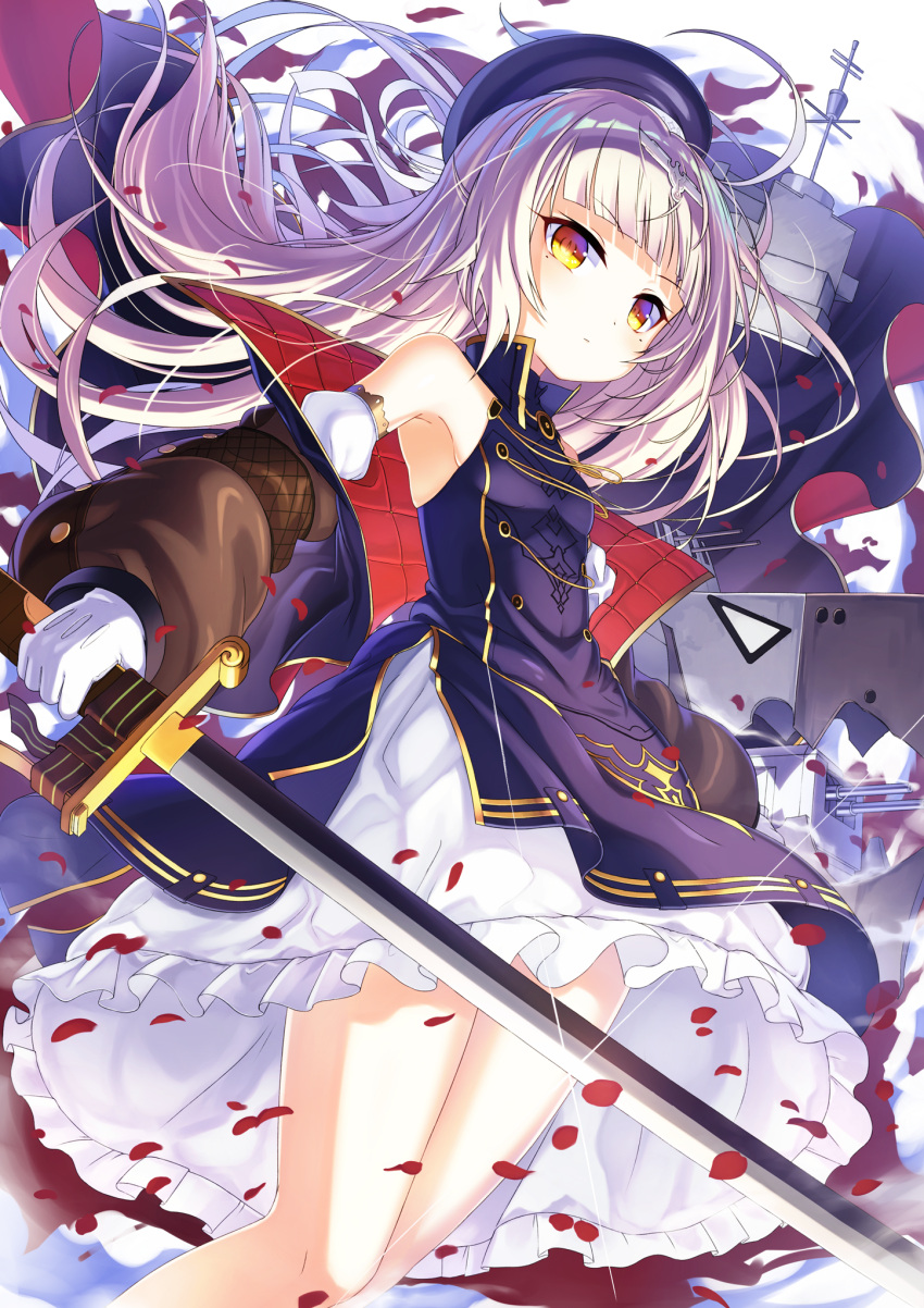 1girl aiguillette armpits azur_lane bangs bare_shoulders beret blunt_bangs blush breasts cannon closed_mouth coat cowboy_shot detached_sleeves dress expressionless eyebrows_visible_through_hair floating_hair gloves hair_ornament hat highres holding holding_sword holding_weapon iron_cross long_hair long_sleeves looking_at_viewer machinery mole mole_under_eye open_clothes open_coat petals rigging satou_(3366_s) sidelocks silver_hair small_breasts solo sparkle sword thighs tsurime turrets very_long_hair weapon white_gloves wind wind_lift yellow_eyes z46_(azur_lane)