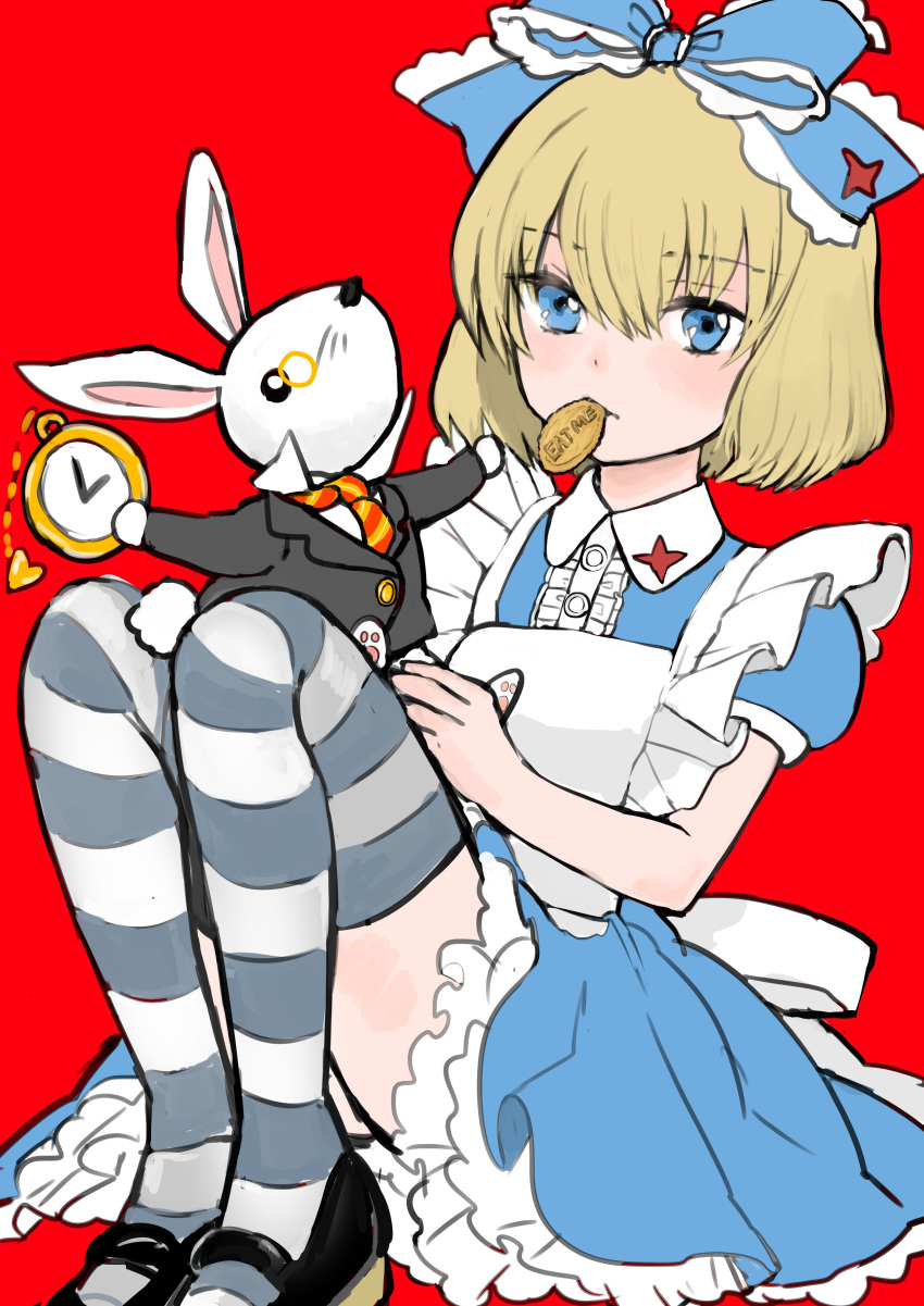 1girl absurdres alice_(wonderland) alice_(wonderland)_(cosplay) alice_in_wonderland animal apron bangs banira_(oocooocooocoo) black_footwear black_suit blonde_hair blue_bow blue_dress blue_eyes bow closed_mouth collared_dress commentary cookie cosplay dress emblem english eyebrows_visible_through_hair feeding food food_in_mouth frilled_bow frilled_dress frills girls_und_panzer grey_legwear hair_bow heart highres holding holding_animal katyusha looking_at_viewer maid_apron mary_janes multicolored_neckwear necktie pocket_watch puffy_short_sleeves puffy_sleeves red_background shoes short_dress short_hair short_sleeves simple_background sitting striped striped_legwear thigh-highs watch white_rabbit
