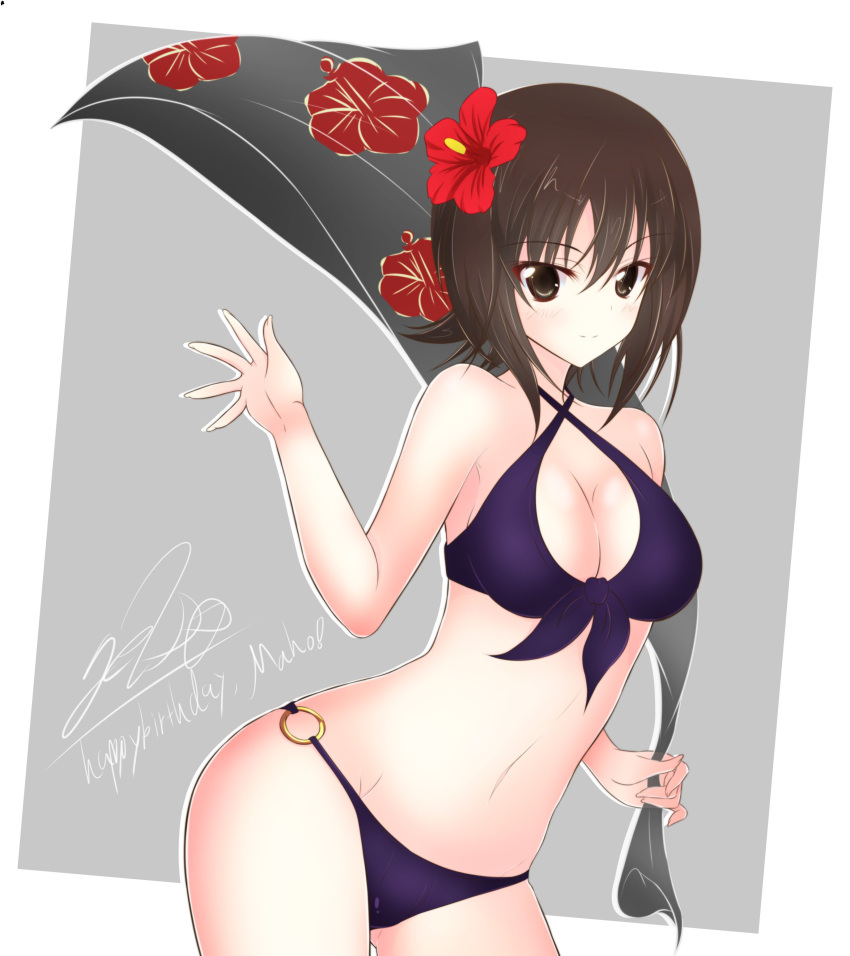 1girl absurdres artist_name bangs bikini breasts brown_eyes brown_hair character_name cleavage closed_mouth commentary cowboy_shot english eyebrows_visible_through_hair flower front-tie_bikini front-tie_top getsumen_suibaku_ver._a(c) girls_und_panzer grey_background hair_flower hair_ornament happy_birthday highres holding leaning_forward looking_at_viewer medium_breasts nishizumi_maho o-ring_bikini purple_bikini sarong sarong_removed short_hair signature smile solo standing swimsuit waving