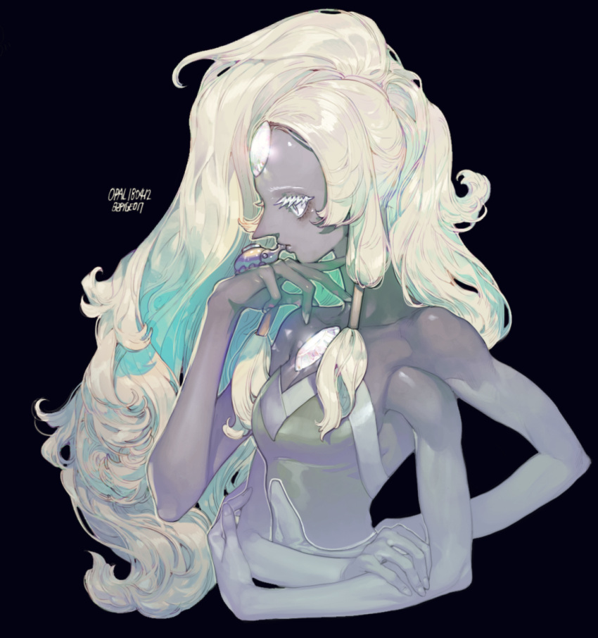 1girl beetle black_background breasts chest_jewel cleavage crossed_arms extra_arms eyelashes forehead_jewel gem grey_skin hand_on_hip insect opal_(steven_universe) pigeon666 shiny shiny_skin silver_hair simple_background solo steven_universe toned upper_body