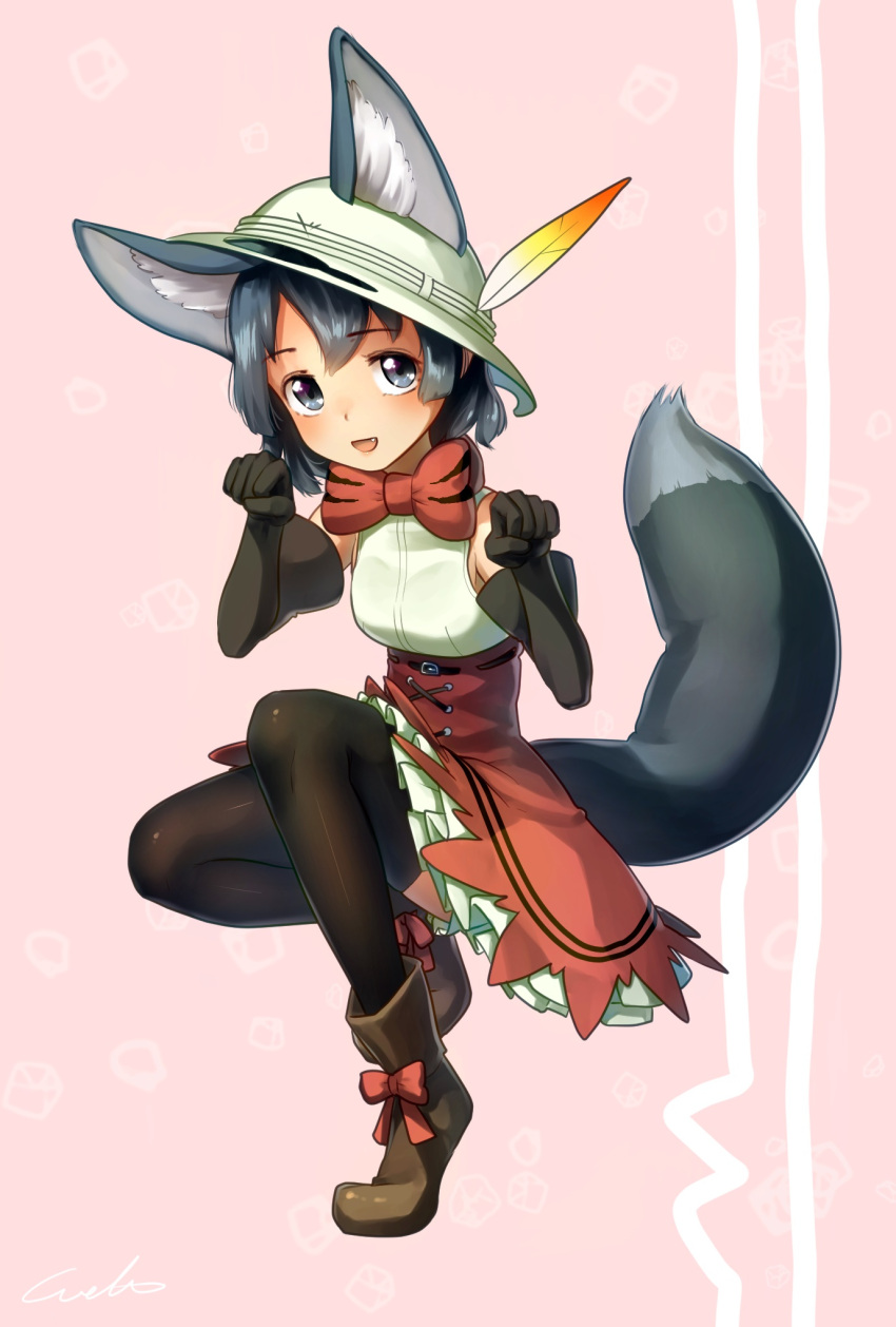 1girl :d adapted_costume alternate_costume animal_ears black_eyes black_gloves black_hair black_legwear boots bow bowtie commentary_request ears_through_headwear elbow_gloves eyebrows_visible_through_hair fang full_body gloves hat hat_feather high-waist_skirt highres kaban_(kemono_friends) kemono_friends kemonomimi_mode looking_at_viewer open_mouth paw_pose pink_background shirt short_hair signature simple_background skirt sleeveless sleeveless_shirt smile solo tail thigh-highs welt_(kinsei_koutenkyoku) white_hat