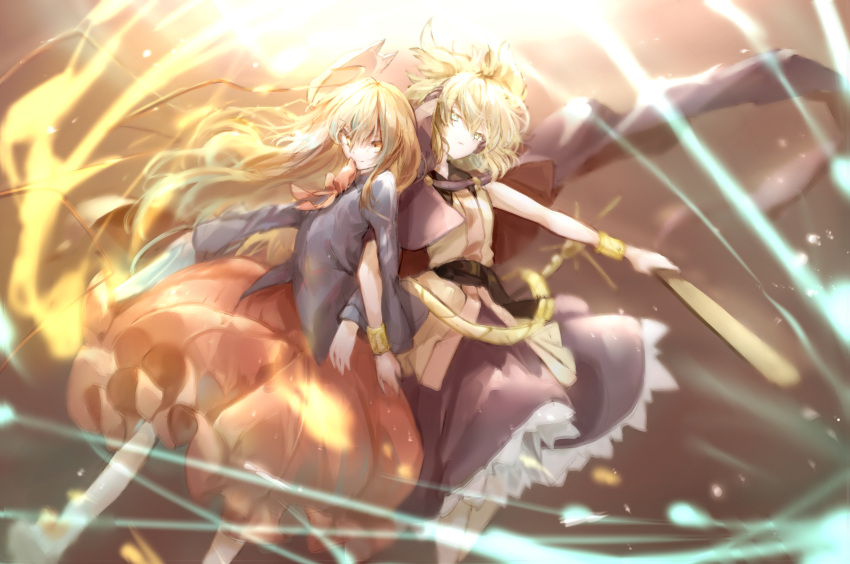 2girls absurdres back-to-back belt blonde_hair bracelet bubble_skirt cape fire flame fox_mask hata_no_kokoro highres huang_li_ling jewelry locked_arms long_hair looking_at_viewer mask multiple_girls neck_ribbon pink_eyes pink_hair ribbon short_hair skirt sleeveless smile touhou toyosatomimi_no_miko wind yellow_eyes