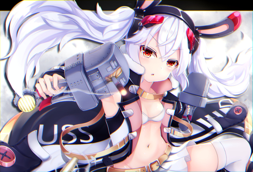 1girl :o action aiming_at_viewer animal_ears arm_strap azur_lane bangs bare_shoulders belt blush bra breasts buckle cannon charging_(attack) cleavage clothes_writing collarbone eyebrows_visible_through_hair floating_hair fur-trimmed_jacket fur_trim groin hair_between_eyes hair_ornament hairband headgear highres holding holding_weapon jacket laffey_(azur_lane) long_hair long_sleeves looking_at_viewer miniskirt navel nya_rl off_shoulder open_mouth outside_border pleated_skirt rabbit_ears red_eyes red_hairband remodel_(azur_lane) searchlight shiny shiny_skin silver_hair simple_background skindentation skirt small_breasts smoke_trail solo stomach thigh-highs thighs turrets twintails underwear very_long_hair weapon white_bra white_legwear wind wind_lift