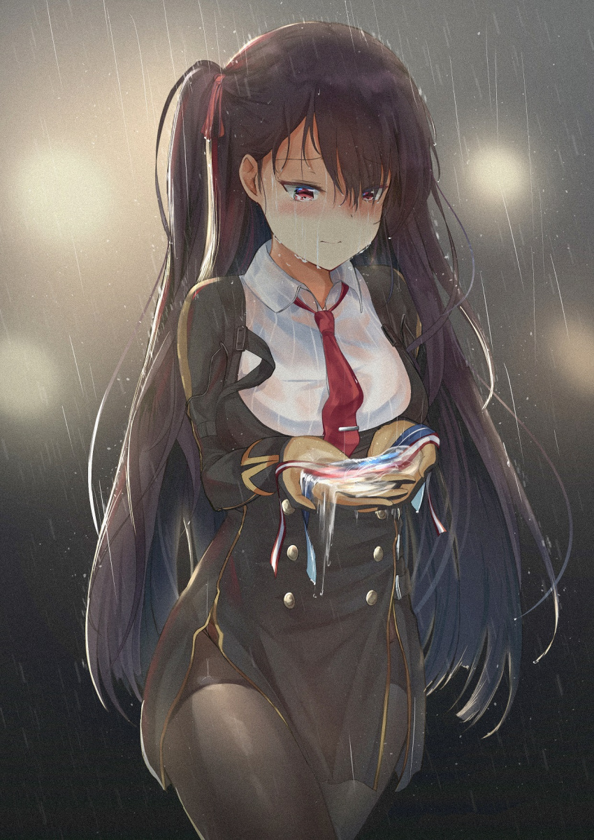 1girl bangs black_legwear black_skirt blazer blunt_bangs blush braid breasts buttons closed_mouth collared_shirt crying double-breasted eyebrows_visible_through_hair floating_hair framed_breasts from_below girls_frontline gloves hair_between_eyes hair_ribbon half_updo hand_on_own_cheek highres holding holding_ribbon jacket large_breasts legs_crossed light_particles lights long_hair looking_at_hands looking_at_viewer necktie one_side_up open_mouth pantyhose pout purple_hair rain red_eyes red_neckwear ribbon sad septet_(zrca_janne) shirt shoe_strap shoes sidelocks sitting skirt solo standing strap thighband_pantyhose thighs tsurime very_long_hair wa2000_(girls_frontline) water water_drop watson_cross white_shirt