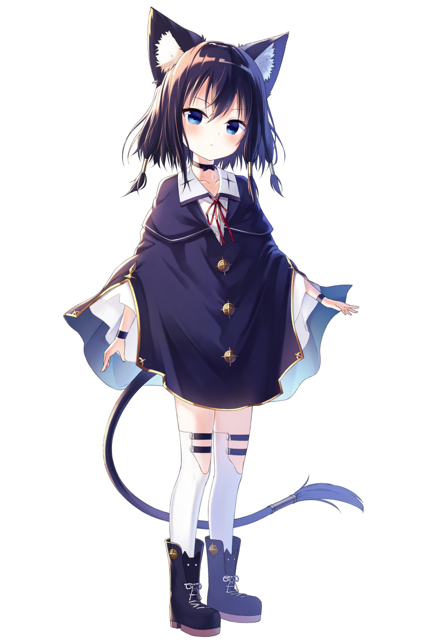 1girl absurdres animal_ears black_hair blue_eyes boots cape cat_ears cat_tail choker commentary_request full_body hair_tubes highres looking_at_viewer original satou_(3366_s) school_uniform short_hair simple_background solo tail thigh-highs white_background white_legwear zettai_ryouiki
