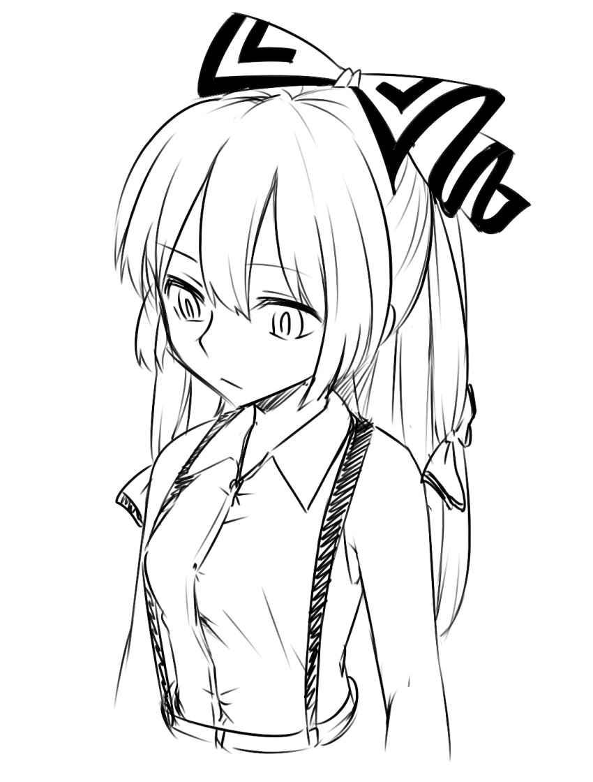 1girl bangs bow closed_mouth collared_shirt eyebrows_visible_through_hair fujiwara_no_mokou greyscale hair_bow highres long_hair miyo_(ranthath) monochrome shirt simple_background sleeveless solo suspenders touhou upper_body white_background