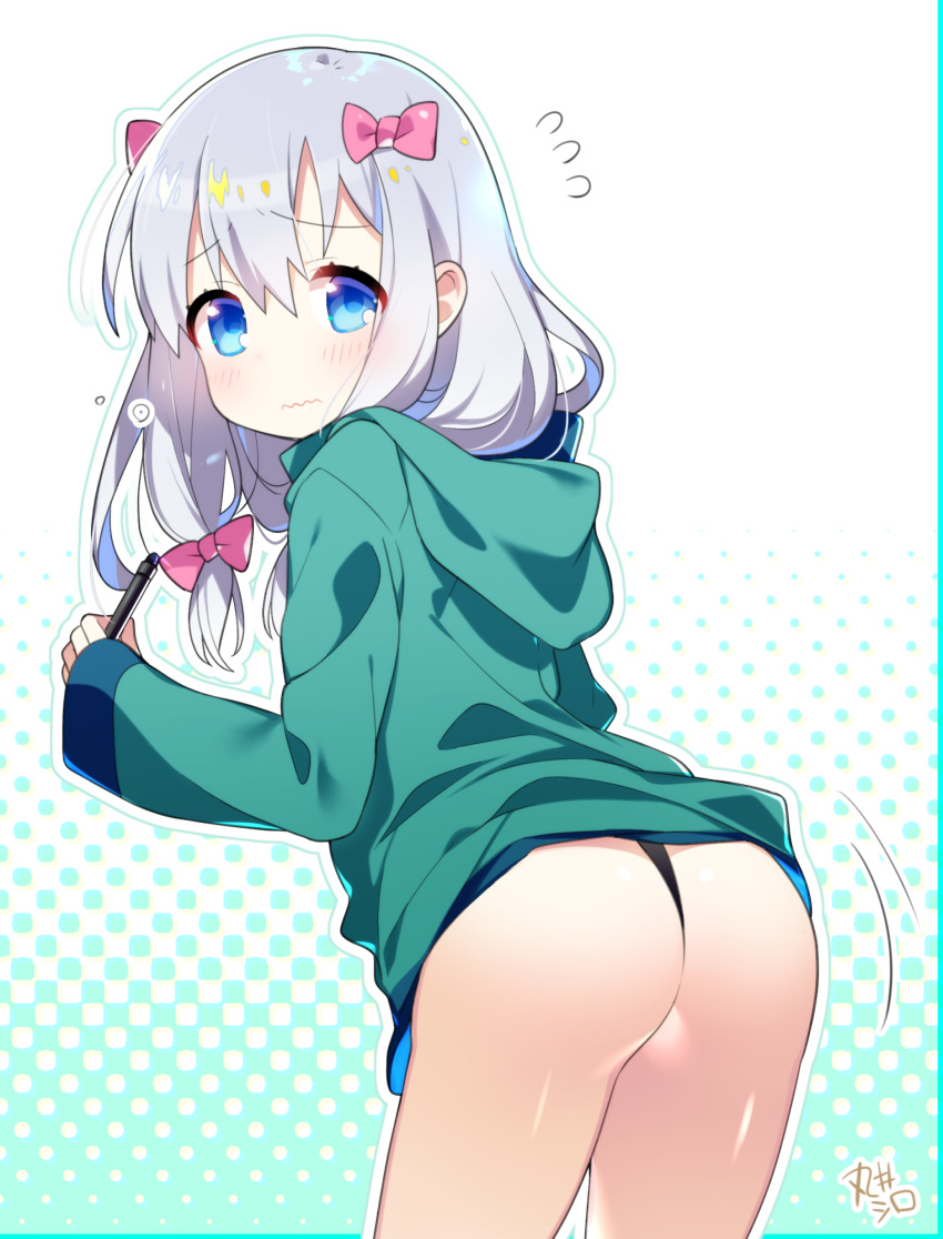 1girl akemaru ass black_panties blue_eyes blush bow closed_mouth commentary_request eromanga_sensei flying_sweatdrops from_behind green_jacket hair_bow highres izumi_sagiri jacket leaning_forward long_hair long_sleeves looking_at_viewer looking_back panties pink_bow polka_dot polka_dot_background silver_hair solo standing stylus underwear wavy_mouth