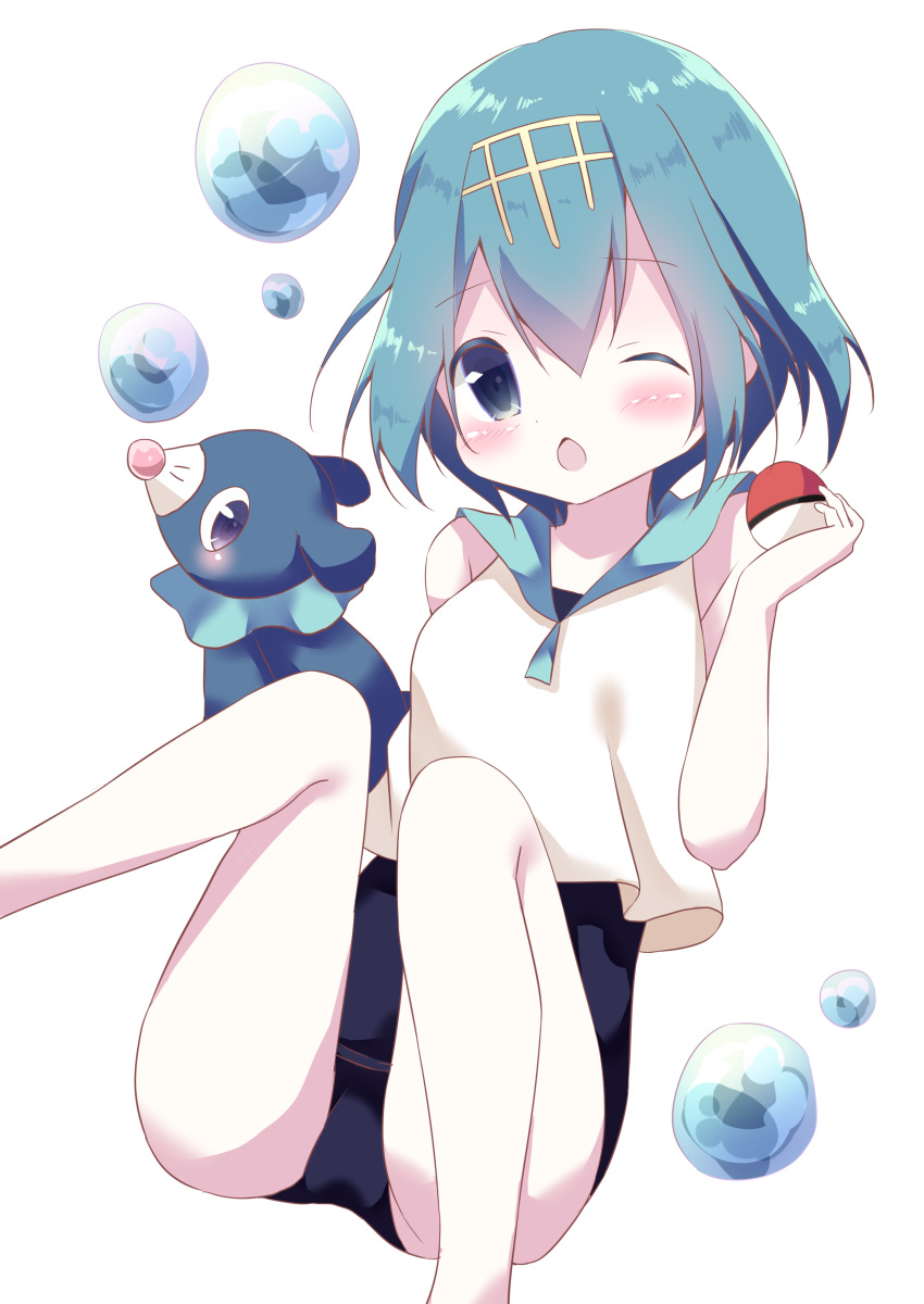 1girl absurdres bangs bare_arms bare_legs bare_shoulders black_swimsuit blue_eyes blue_hair blush bubble chestnut_mouth commentary_request eyebrows_visible_through_hair feet_out_of_frame gen_7_pokemon hair_between_eyes hamada_pengin highres holding holding_poke_ball one-piece_swimsuit one_eye_closed open_mouth poke_ball poke_ball_(generic) pokemon pokemon_(creature) pokemon_(game) pokemon_sm popplio school_swimsuit shirt simple_background sleeveless sleeveless_shirt suiren_(pokemon) swimsuit swimsuit_under_clothes white_background white_shirt