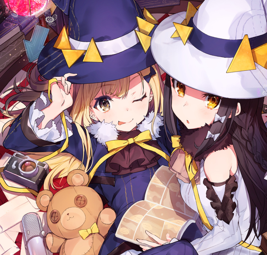 black_hair blonde_hair camera hat long_hair looking_at_viewer mika_pikazo stuffed_animal stuffed_toy tagme teddy_bear witch witch_hat yellow_eyes