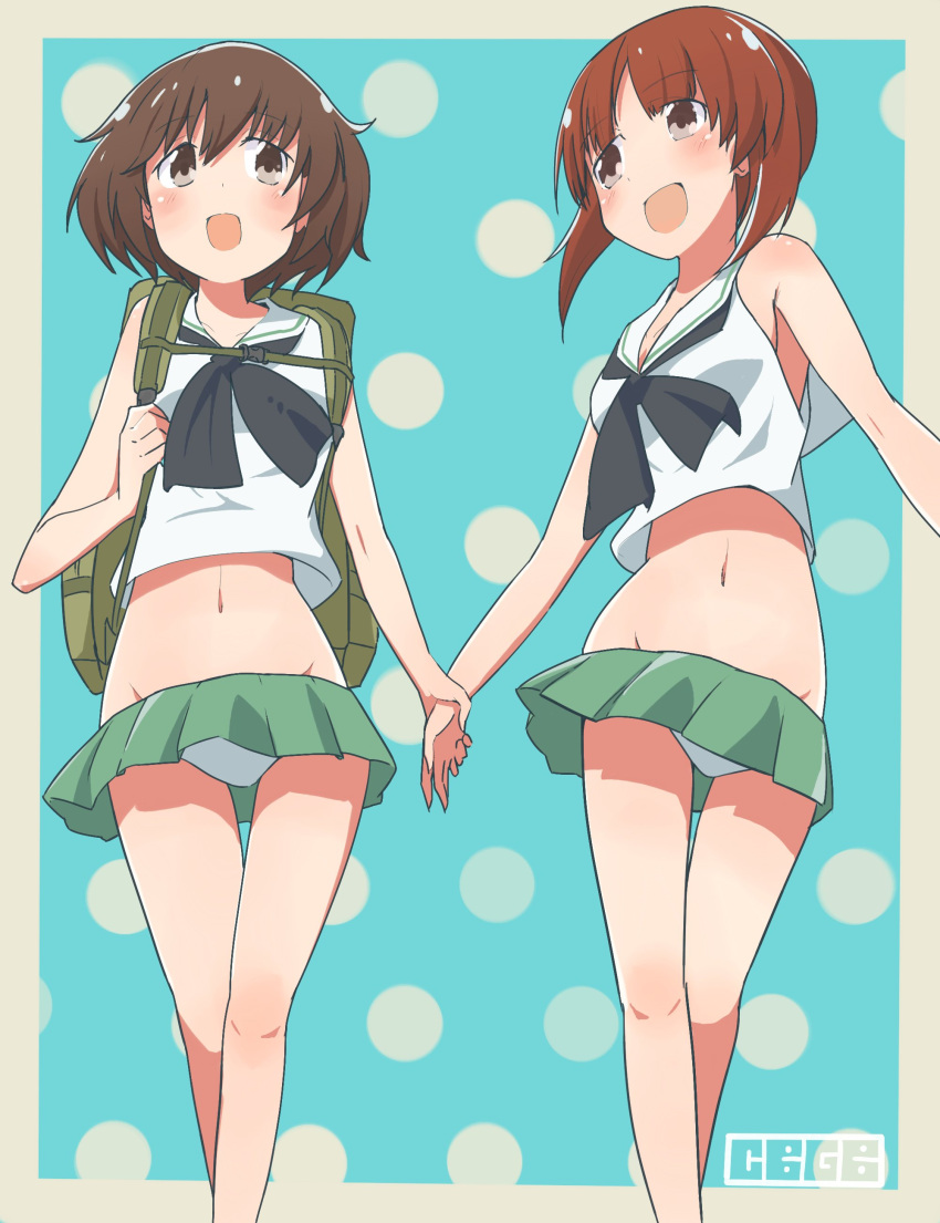 2girls :d absurdres adapted_uniform akiyama_yukari artist_name backpack bag bangs black_neckwear blue_background brown_eyes brown_hair cbgb commentary crop_top eyebrows_visible_through_hair girls_und_panzer green_skirt hand_holding highres looking_at_another messy_hair microskirt midriff multiple_girls neckerchief nishizumi_miho ooarai_school_uniform open_mouth outside_border panties pantyshot pantyshot_(standing) pleated_skirt polka_dot polka_dot_background school_uniform serafuku shirt short_hair signature skirt sleeveless sleeveless_shirt smile standing thigh_gap underwear white_panties white_shirt