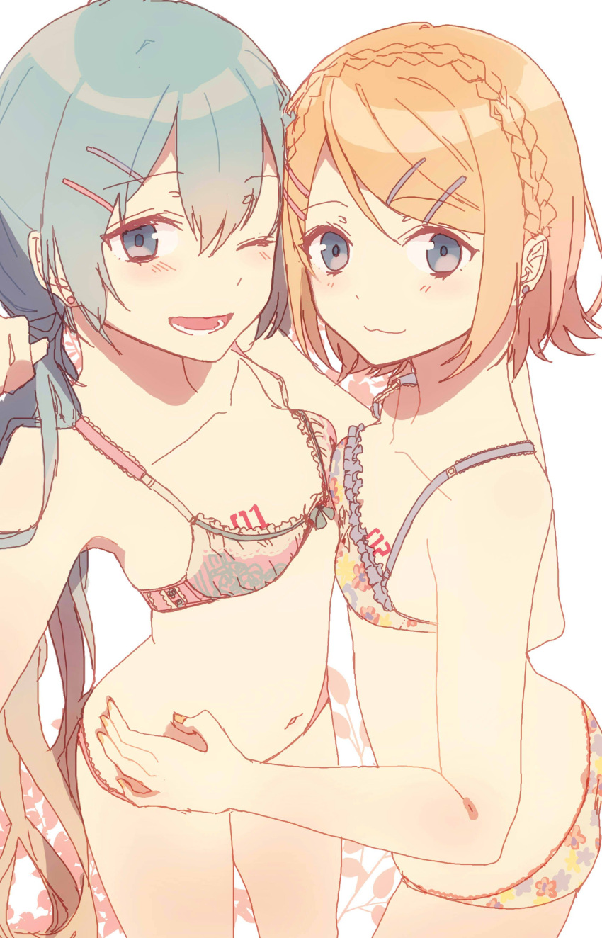 2girls :3 ;d absurdres aqua_eyes aqua_hair bare_arms bare_shoulders barrette blonde_hair blush bra breast_tattoo breasts collarbone earrings flat_chest frilled_bra frills hand_on_another's_waist hatsune_miku highres jam_(zamuchi) jewelry kagamine_rin lace lace-trimmed_bra lace-trimmed_panties lingerie long_hair looking_at_viewer midriff multiple_girls navel number one_eye_closed open_mouth panties short_braid short_hair small_breasts smile tattoo twintails underwear vocaloid