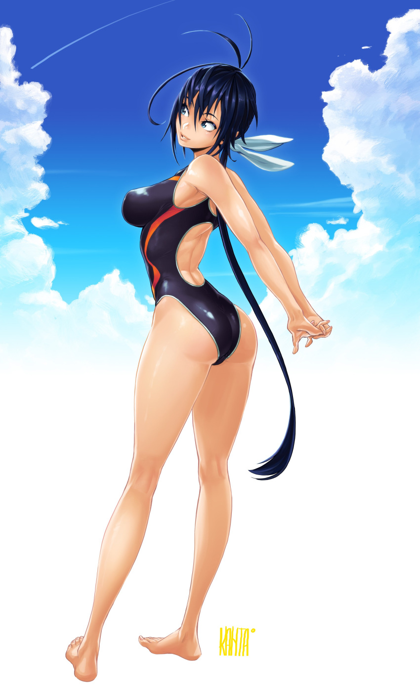 1girl absurdres antenna_hair arms_behind_back ass back_cutout barefoot black_hair blue_eyes blue_sky breasts clouds cloudy_sky competition_swimsuit day from_behind hair_ribbon highres interlocked_fingers kaminashi_nozomi kanta-kun keijo!!!!!!!! kneepits large_breasts lips long_hair looking_to_the_side low_ponytail one-piece_swimsuit perky_breasts ribbon sky smile solo stretch swimsuit toes very_long_hair