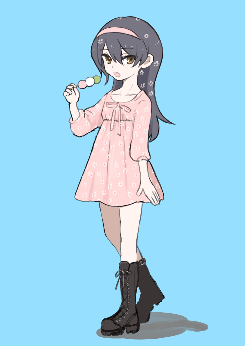 1girl absurdres bangs banira_(oocooocooocoo) black_footwear black_hair blue_background boots brown_eyes casual commentary cross-laced_footwear dango dress eyebrows_visible_through_hair floral_print flower food full_body girls_und_panzer hair_flower hair_ornament hairband highres holding holding_food lace-up_boots long_hair long_sleeves looking_at_viewer medium_dress open_mouth pink_dress pink_hairband print_dress reizei_mako shadow simple_background solo standing wagashi walking