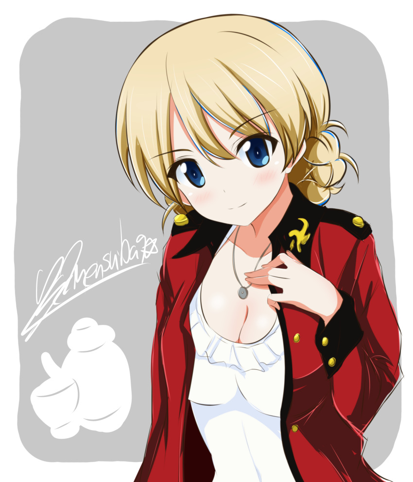 1girl absurdres artist_name bangs blonde_hair blue_eyes braid breasts cleavage closed_mouth commentary darjeeling epaulettes eyebrows_visible_through_hair frilled_swimsuit frills getsumen_suibaku_ver._a(c) girls_und_panzer grey_background highres jacket jewelry light_smile long_sleeves looking_at_viewer medium_breasts military military_uniform necklace open_clothes open_jacket outside_border red_jacket short_hair signature solo st._gloriana's_military_uniform swimsuit swimsuit_under_clothes tied_hair twin_braids uniform upper_body white_swimsuit