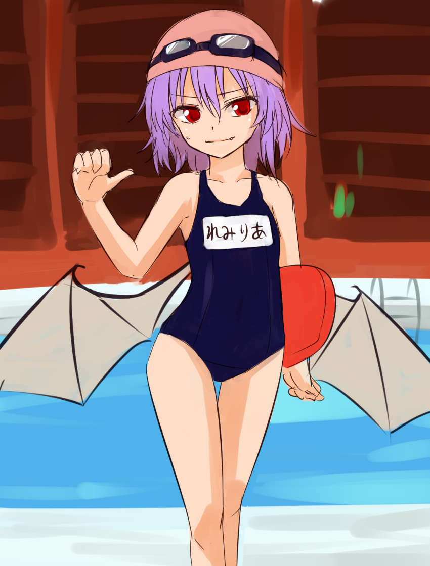1girl alternate_costume bangs bare_arms bat_wings character_name closed_mouth eyebrows_visible_through_hair fang_out goggles goggles_on_headwear hair_between_eyes highres holding looking_at_viewer miyo_(ranthath) name_tag one-piece_swimsuit purple_hair red_eyes remilia_scarlet solo sweat swim_cap swimsuit thigh_gap touhou wings
