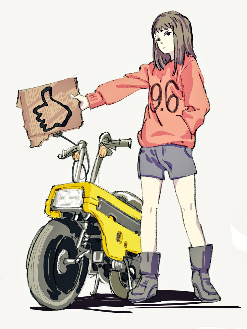 1girl bangs black_eyes black_footwear blue_shorts boots brown_hair cardboard closed_mouth eyebrows full_body ground_vehicle hand_in_pocket highres holding legs_apart long_hair long_sleeves motor_vehicle motorcycle number original pocket red_sweater saitama_(antitankromeo) shadow shorts sign silver_background solo standing straight_hair sweater thumbs_up wheel