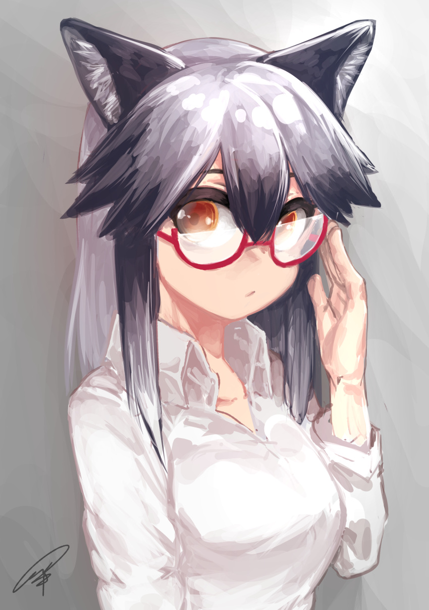 1girl absurdres alternate_costume alternate_eyewear animal_ears black_hair collared_shirt commentary_request fox_ears glasses gradient_hair grey_hair hand_on_eyewear highres kemono_friends long_hair long_sleeves multicolored_hair shirt signature silver_fox_(kemono_friends) silver_hair solo takoongyi upper_body white_shirt