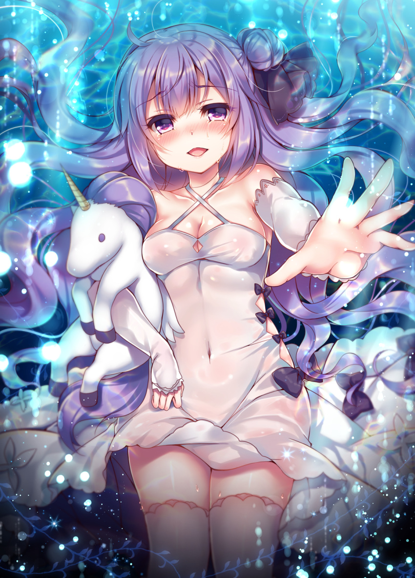 1girl :d azur_lane bangs bare_shoulders black_bow black_ribbon blush bow breasts cleavage collarbone commentary_request covered_navel criss-cross_halter crying crying_with_eyes_open detached_sleeves dress eyebrows_visible_through_hair hair_bun halterneck highres long_hair long_sleeves looking_at_viewer lying medium_breasts nose_blush object_hug on_back one_side_up open_mouth outstretched_arm partially_submerged purple_hair ribbon see-through side_bun sleeves_past_wrists smile solo stuffed_animal stuffed_pegasus stuffed_toy stuffed_unicorn suzune_rena tears thigh-highs unicorn_(azur_lane) very_long_hair violet_eyes water wet wet_clothes wet_dress white_dress white_legwear
