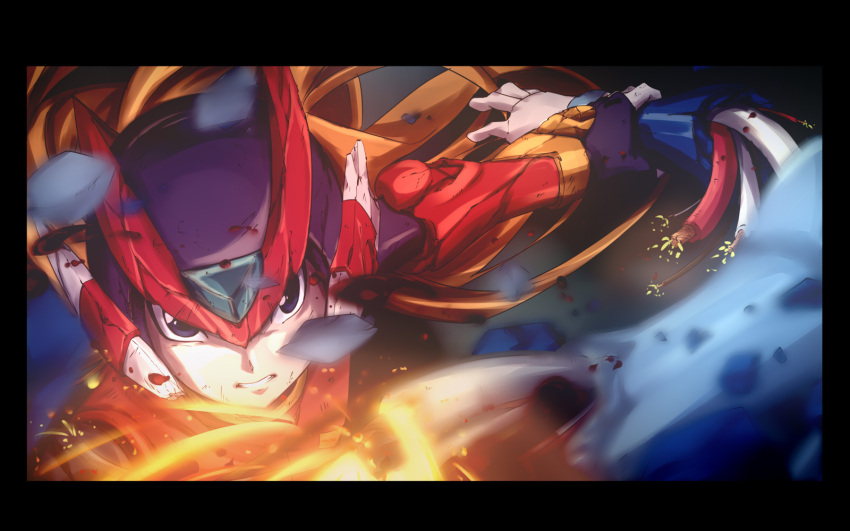 1105suwako 1boy android black_border black_eyes border capcom fighting fingerless_gloves frame gloves helmet highres long_hair male_focus mechanical_arm rockman rockman_zero serious solo_focus sparks teeth white_gloves wire zero_(rockman)