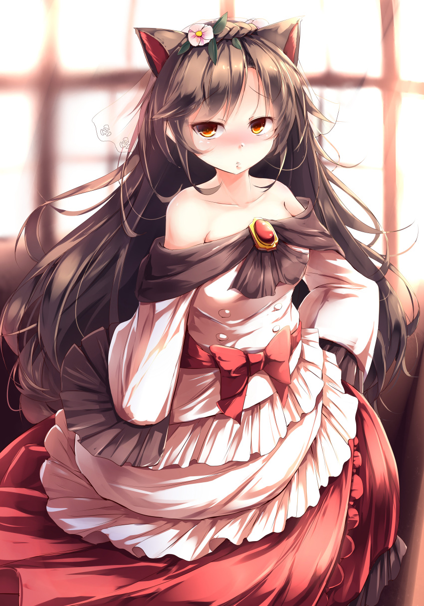 1girl absurdres adapted_costume animal_ears bare_shoulders blush braid brown_hair collarbone commentary_request flower frilled_sleeves frills frown hair_flower hair_ornament highres imaizumi_kagerou kanzakietc long_hair long_sleeves looking_at_viewer orange_eyes solo touhou very_long_hair wide_sleeves wolf_ears